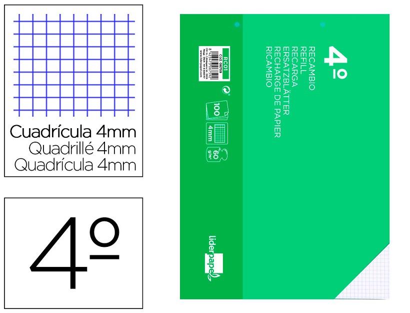 Recambio liderpapel cuarto apaisado 100 h 2tca-01 cuadro 4 mm 2 taladros con margen. | 8423473067592 | Librería Castillón - Comprar libros online Aragón, Barbastro