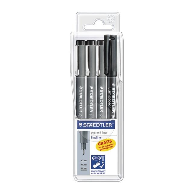 PACK STAEDTLER 3 ROTULADORES CALIBRADOS PIGMENT LINER 02,04,08 + 1 LUMOCOLOR F NEGRO 308WPSET | 4007817309223 | Librería Castillón - Comprar libros online Aragón, Barbastro