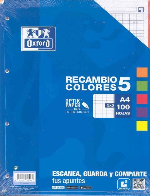 RECAMBIO OXFORD A4 100 H CUADRÍCULA 5 MM BANDA MULTICOLOR 5 COLORES | 8412771015169 | Librería Castillón - Comprar libros online Aragón, Barbastro