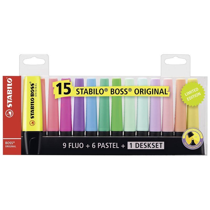 ROTULADOR FLUORESCENTE STABILO BOSS 70 15 COLORES ORIGINALES + 1 DESKSET | 4006381517478 | Librería Castillón - Comprar libros online Aragón, Barbastro