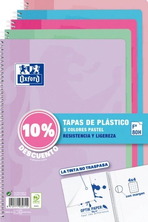 PACK 5 CUADERNOS OXFORD TAPA PÁSTICO FOLIO 80 HOJAS 90 GR CUADRICULA 4 MM COLORES PASTEL | 8412771032715 | Librería Castillón - Comprar libros online Aragón, Barbastro