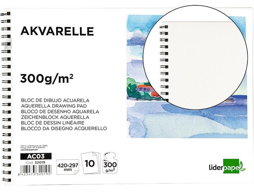 BLOC DIBUJO LIDERPAPEL ACUARELA ESPIRAL 297X420MM 10H 300GR SIN RECUADRO | 8423473320192 | Librería Castillón - Comprar libros online Aragón, Barbastro