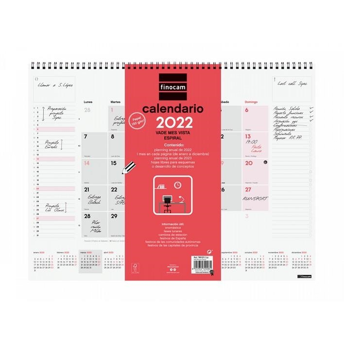 VADE ESPIRAL CALENDARIO 2022 FINOCAM PARA ESCRIBIR MES VISTA 420X310 MM NEUTRO | 8422952320081 | Librería Castillón - Comprar libros online Aragón, Barbastro