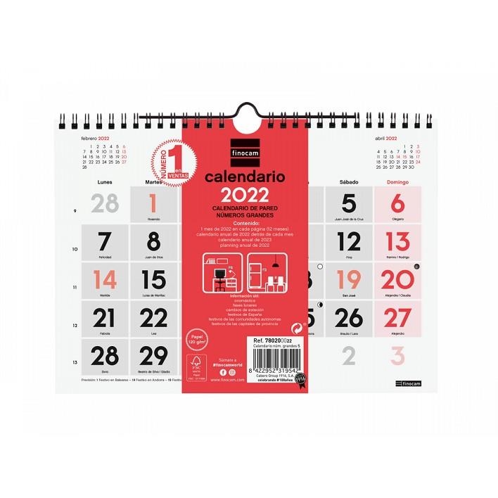 CALENDARIO 2022 PARED FINOCAM NUMEROS GRANDES S 210X150 MM NEUTRO | 8422952319542 | Librería Castillón - Comprar libros online Aragón, Barbastro