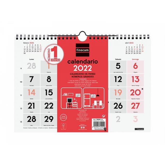 CALENDARIO 2022 PARED FINOCAM NUMEROS GRANDES M 300X210 MM NEUTRO | 8422952319429 | Librería Castillón - Comprar libros online Aragón, Barbastro