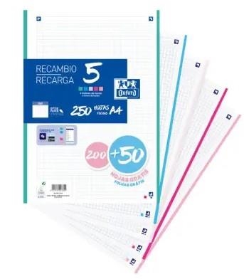 RECAMBIO OXFORD CLASSIC 5 COLORES A4 200 + 50 HOJAS 90GR CUADRICULA 5x5 MM PASTEL OSCURO | 8412771047825 | Librería Castillón - Comprar libros online Aragón, Barbastro