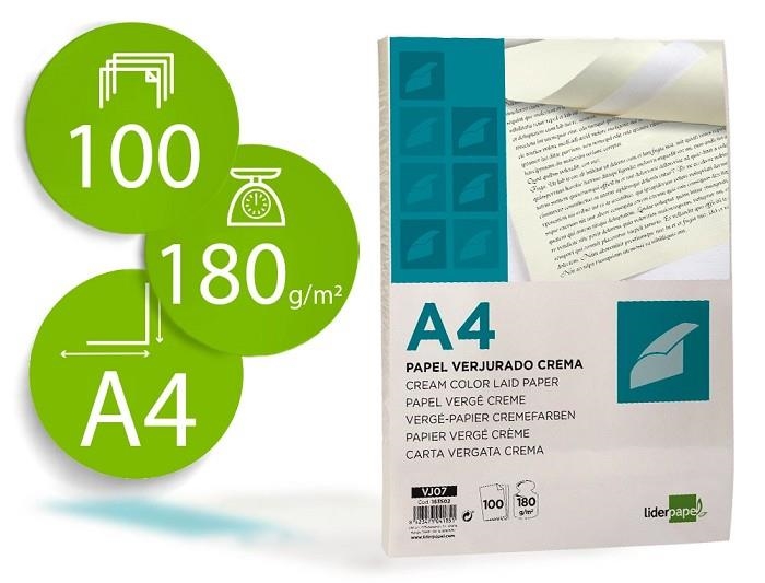 PAPEL A4 180GR 100H VERJURADO CREMA LP | 8423473041851 | Librería Castillón - Comprar libros online Aragón, Barbastro