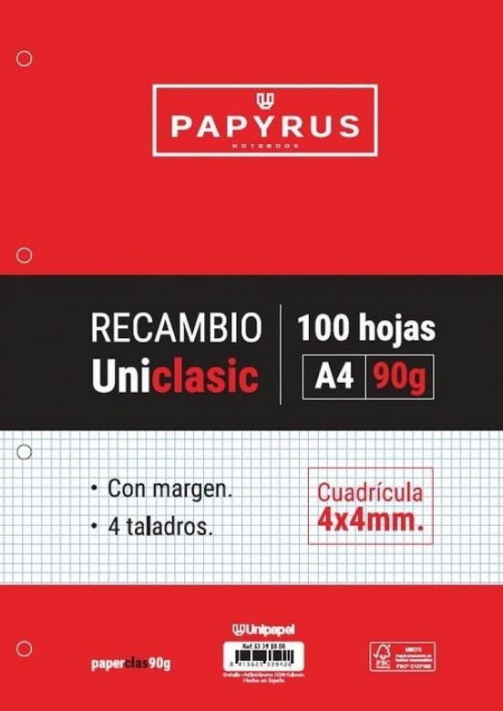 RECAMBIO PAPYRUS UNICLA A4 100 HOJAS 90GR CUADRICULA 4MM CON MARGEN 4 TALADROS | 8413623339426 | Librería Castillón - Comprar libros online Aragón, Barbastro