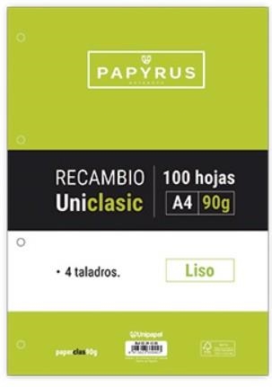 RECAMBIO PAPYRUS UNICLA A4 100 HOJAS 90GR LISO 4 TALADROS | 8413623339457 | Librería Castillón - Comprar libros online Aragón, Barbastro