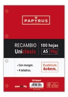 RECAMBIO PAPYRUS UNICLA A5 100 HOJAS 90GR CUADRICULA 4MM CON MARGEN 4 TALADROS | 8413623339518 | Librería Castillón - Comprar libros online Aragón, Barbastro