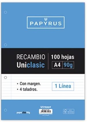 RECAMBIO PAPYRUS UNICLA A4 100 HOJAS 90GR 1 LÍNEA CON MARGEN 4 TALADROS | 8413623339464 | Librería Castillón - Comprar libros online Aragón, Barbastro