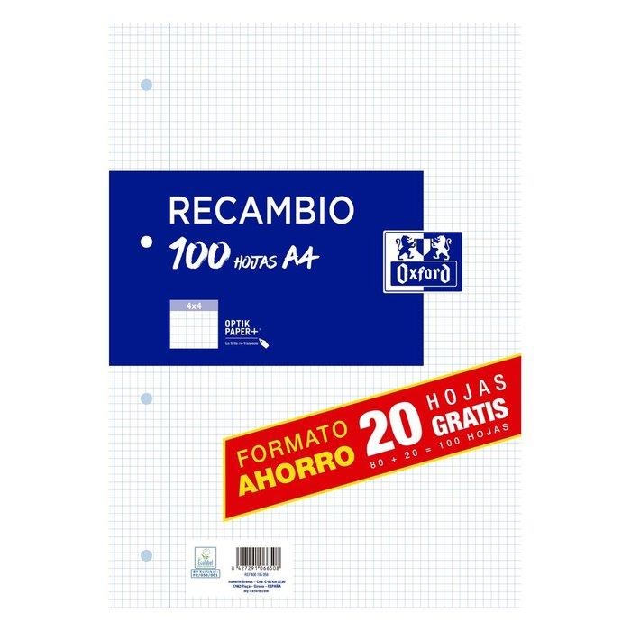 RECAMBIO OXFORD A4 CUADRICULA 4 TALADROS 100 HOJAS (FORAMTO AHORRO 80+20) | 8427291066508 | Librería Castillón - Comprar libros online Aragón, Barbastro